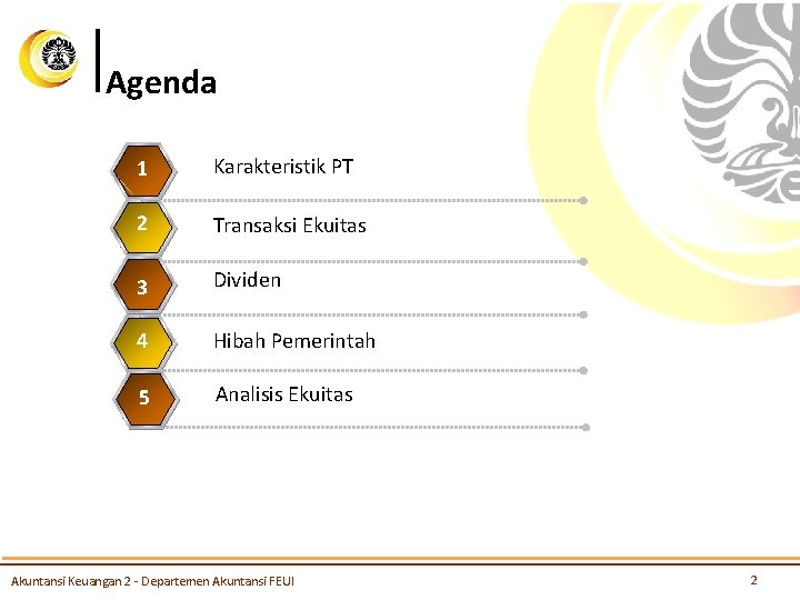 Agenda 1 Karakteristik PT 2 Transaksi Ekuitas 3 Dividen 4 Hibah Pemerintah 5 Analisis