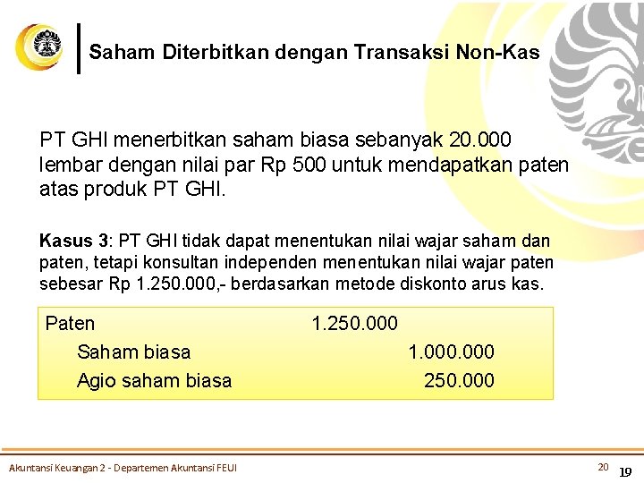 Saham Diterbitkan dengan Transaksi Non-Kas PT GHI menerbitkan saham biasa sebanyak 20. 000 lembar