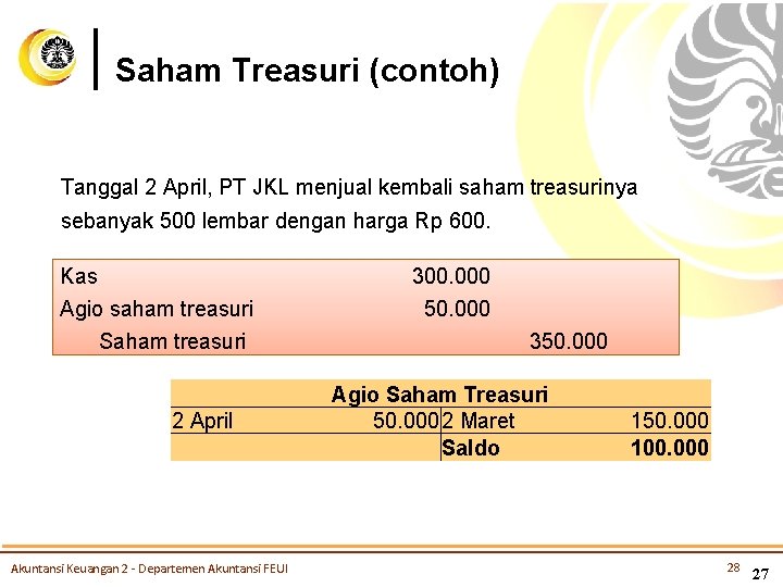 Saham Treasuri (contoh) Tanggal 2 April, PT JKL menjual kembali saham treasurinya sebanyak 500