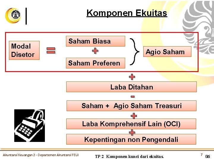 Komponen Ekuitas Modal Disetor = Saham Biasa + Agio Saham Preferen + Laba Ditahan