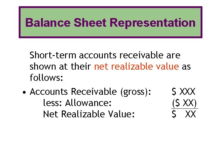 Balance Sheet Representation Short-term accounts receivable are shown at their net realizable value as Balance Sheet Representation Short-term accounts receivable are shown at their net realizable value as