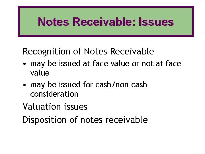 Notes Receivable: Issues Recognition of Notes Receivable • may be issued at face value Notes Receivable: Issues Recognition of Notes Receivable • may be issued at face value