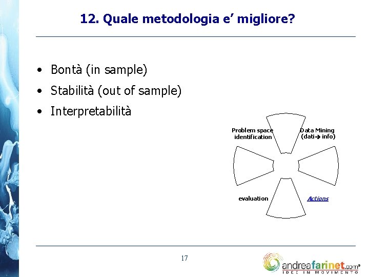 12. Quale metodologia e’ migliore? • Bontà (in sample) • Stabilità (out of sample)