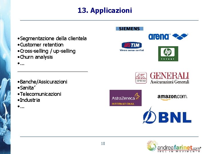 13. Applicazioni • Segmentazione della clientela • Customer retention • Cross-selling / up-selling •