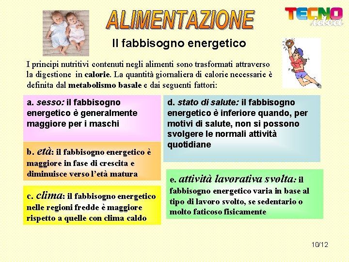 Il fabbisogno energetico I principi nutritivi contenuti negli alimenti sono trasformati attraverso la digestione