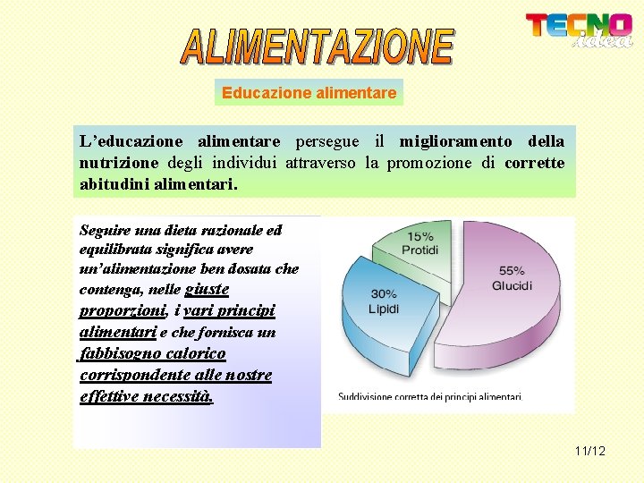 Educazione alimentare L’educazione alimentare persegue il miglioramento della nutrizione degli individui attraverso la promozione