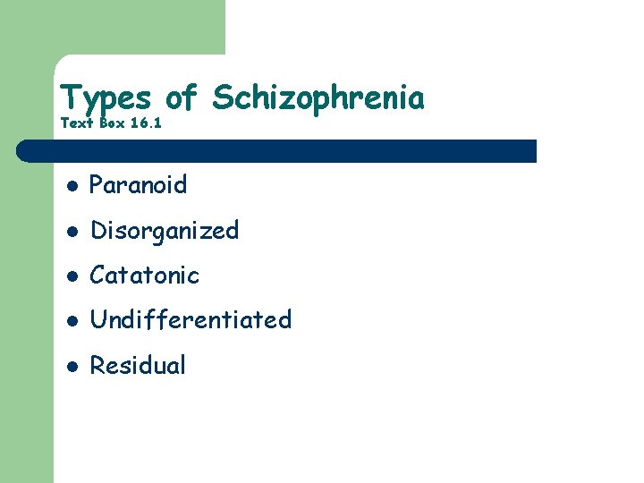 Types of Schizophrenia Text Box 16. 1 l Paranoid l Disorganized l Catatonic l