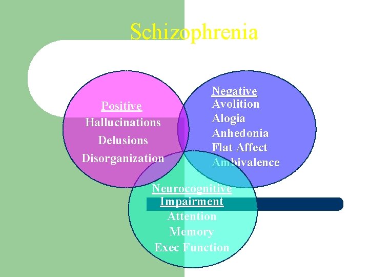 Schizophrenia Positive Hallucinations Delusions Disorganization Negative Avolition Alogia Anhedonia Flat Affect Ambivalence Neurocognitive Impairment