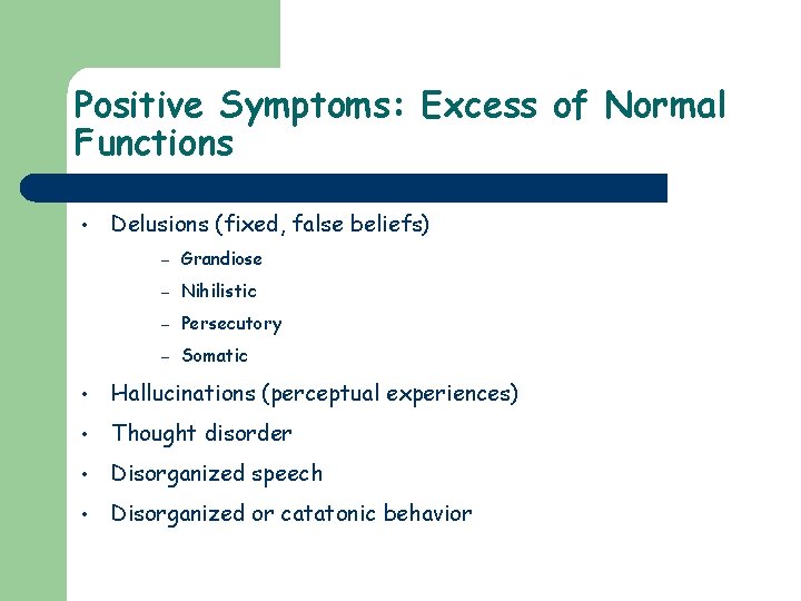 Positive Symptoms: Excess of Normal Functions • Delusions (fixed, false beliefs) – Grandiose –