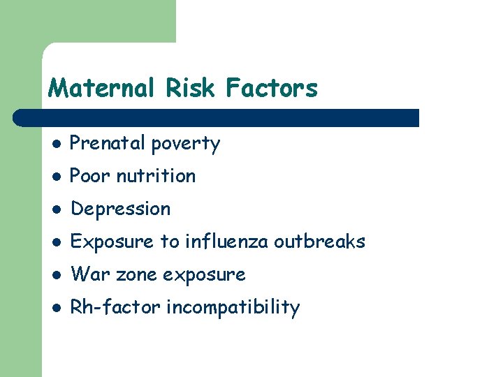 Maternal Risk Factors l Prenatal poverty l Poor nutrition l Depression l Exposure to