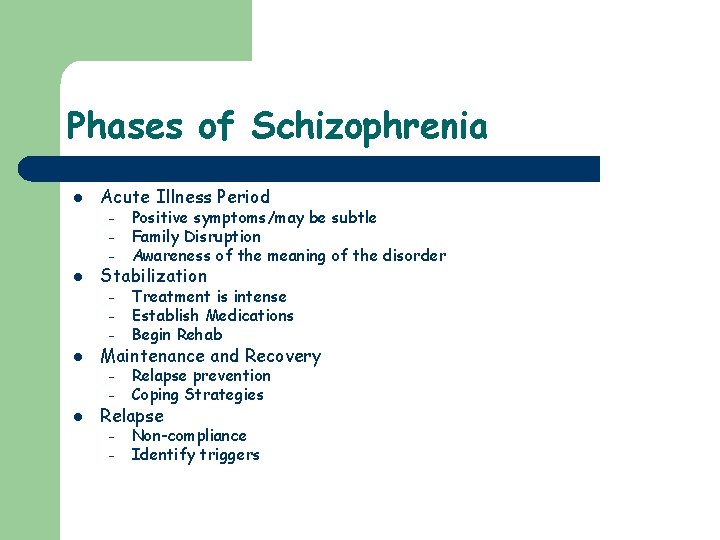 Phases of Schizophrenia l Acute Illness Period – – – l Stabilization – –