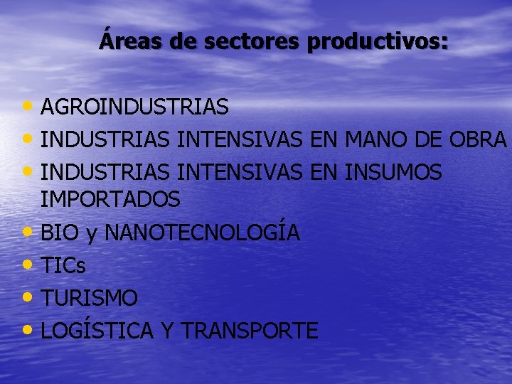 Áreas de sectores productivos: • AGROINDUSTRIAS • INDUSTRIAS INTENSIVAS EN MANO DE OBRA •