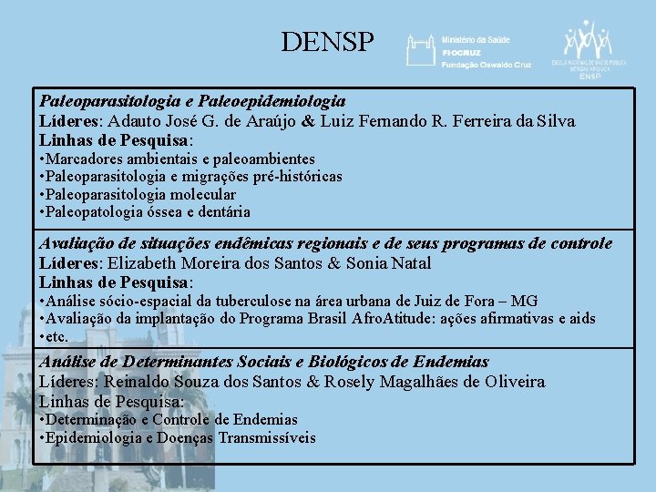 DENSP Paleoparasitologia e Paleoepidemiologia Líderes: Adauto José G. de Araújo & Luiz Fernando R.