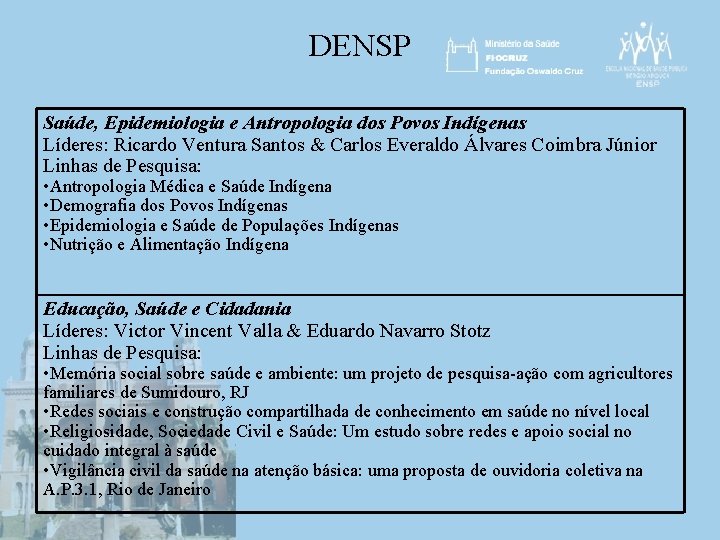 DENSP Saúde, Epidemiologia e Antropologia dos Povos Indígenas Líderes: Ricardo Ventura Santos & Carlos