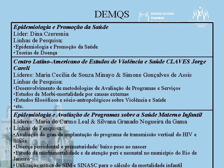 DEMQS Epidemiologia e Promoção da Saúde Líder: Dina Czeresnia Linhas de Pesquisa: • Epidemiologia