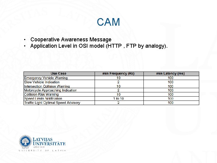 CAM • Cooperative Awareness Message • Application Level in OSI model (HTTP , FTP