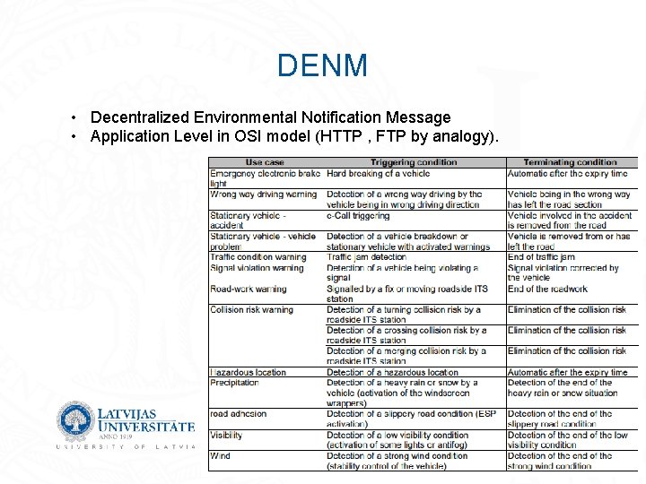 DENM • Decentralized Environmental Notification Message • Application Level in OSI model (HTTP ,