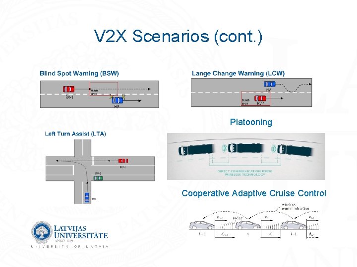 V 2 X Scenarios (cont. ) Platooning Cooperative Adaptive Cruise Control 