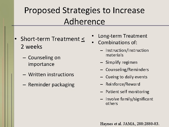 Proposed Strategies to Increase Adherence • Short-term Treatment < 2 weeks – Counseling on