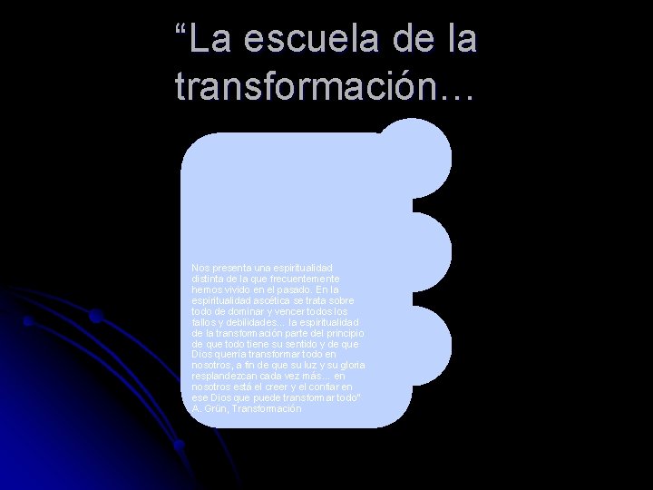 “La escuela de la transformación… Nos presenta una espiritualidad distinta de la que frecuentemente