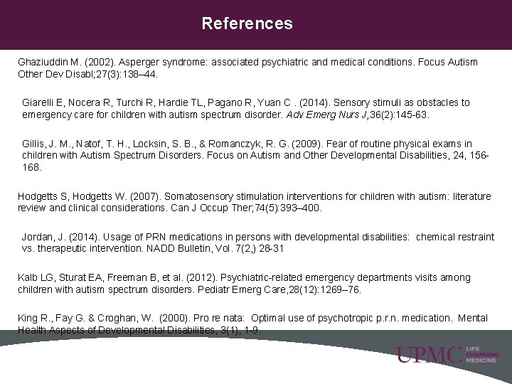 References Ghaziuddin M. (2002). Asperger syndrome: associated psychiatric and medical conditions. Focus Autism Other References Ghaziuddin M. (2002). Asperger syndrome: associated psychiatric and medical conditions. Focus Autism Other