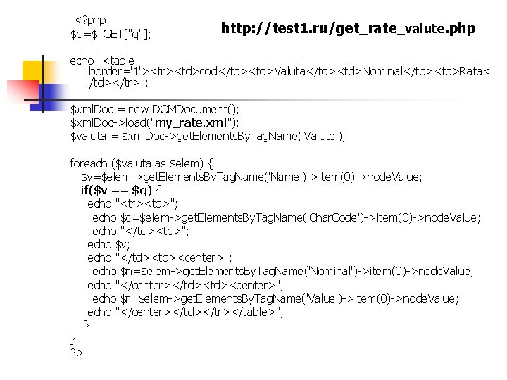 <? php $q=$_GET["q"]; http: //test 1. ru/get_rate_valute. php echo "<table border='1'><tr><td>cod</td><td>Valuta</td><td>Nominal</td><td>Rata< /td></tr>"; $xml.