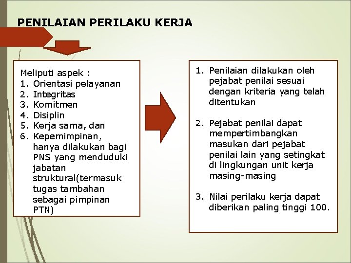 PENILAIAN PERILAKU KERJA Meliputi aspek : 1. Orientasi pelayanan 2. Integritas 3. Komitmen 4.