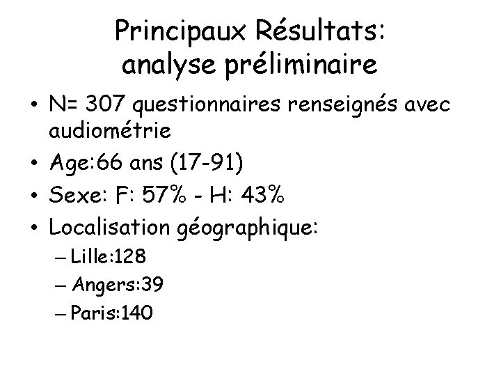 Principaux Résultats: analyse préliminaire • N= 307 questionnaires renseignés avec audiométrie • Age: 66