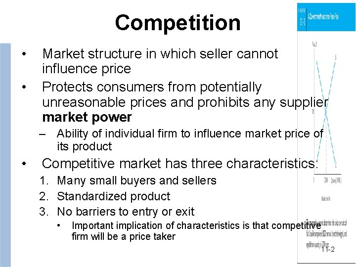 Competition • • Market structure in which seller cannot influence price Protects consumers from