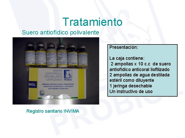 Tratamiento Suero antiofídico polivalente Presentación: La caja contiene: 2 ampollas x 10 c. c