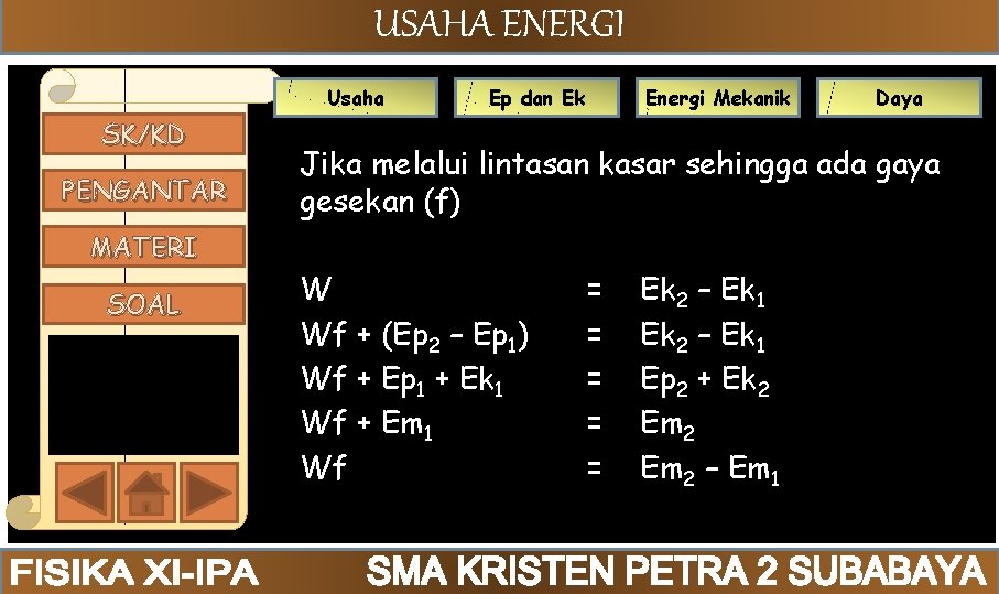 USAHA ENERGI Usaha SK/KD PENGANTAR Ep dan Ek Energi Mekanik Jika melalui lintasan kasar