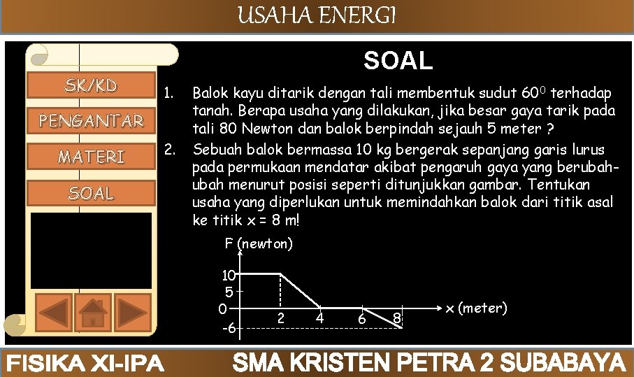 USAHA ENERGI SK/KD SOAL 1. PENGANTAR MATERI SOAL 2. Balok kayu ditarik dengan tali