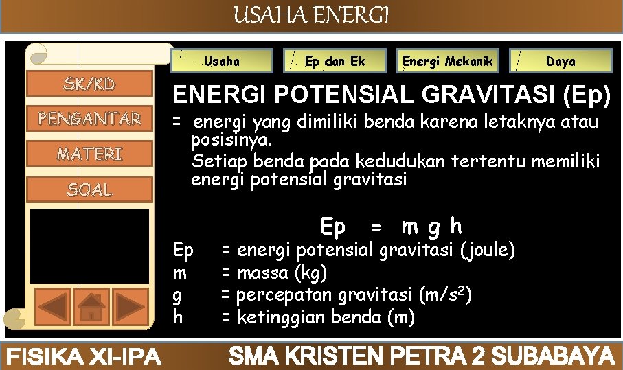 USAHA ENERGI Usaha SK/KD PENGANTAR MATERI SOAL Ep dan Ek Energi Mekanik Daya ENERGI