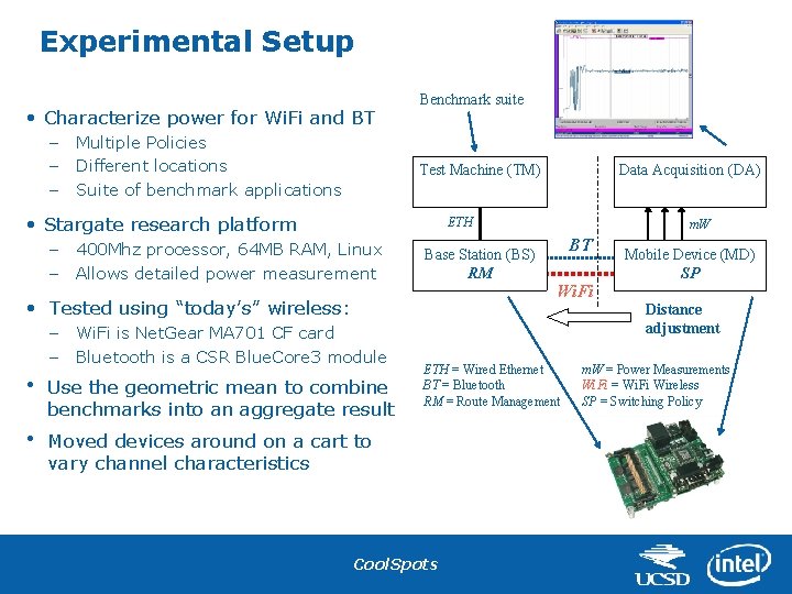 Experimental Setup • Characterize power for Wi. Fi and BT – – – Multiple