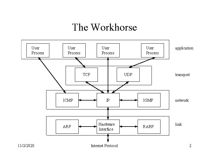 The Workhorse User Process TCP 11/2/2020 User Process UDP transport ICMP IP IGMP ARP