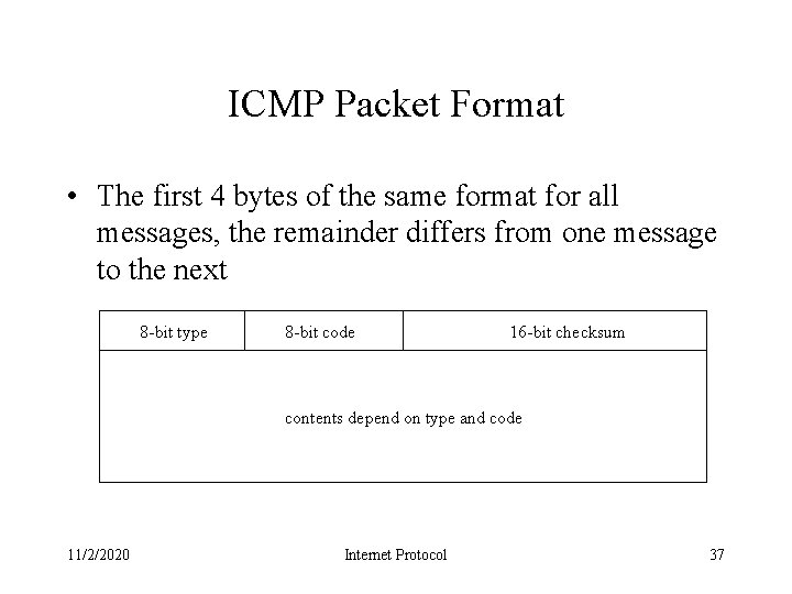 ICMP Packet Format • The first 4 bytes of the same format for all