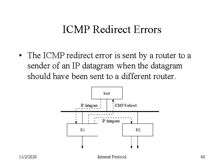 ICMP Redirect Errors • The ICMP redirect error is sent by a router to