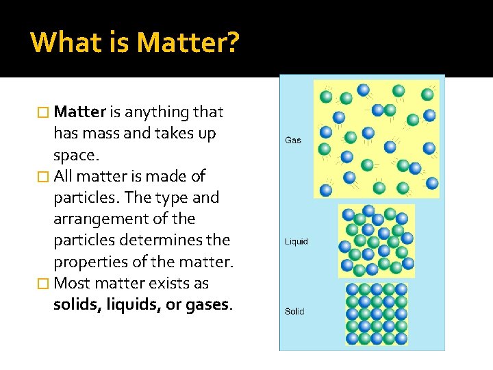 What is Matter? � Matter is anything that has mass and takes up space.