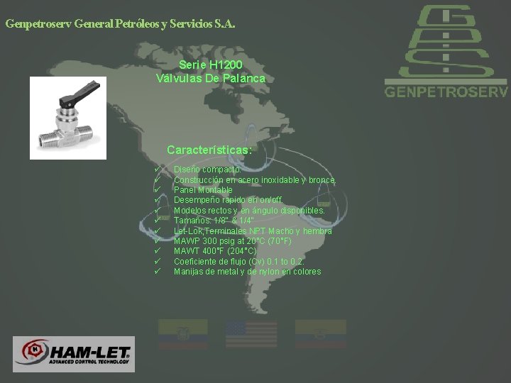 Genpetroserv General Petróleos y Servicios S. A. Serie H 1200 Válvulas De Palanca Características: