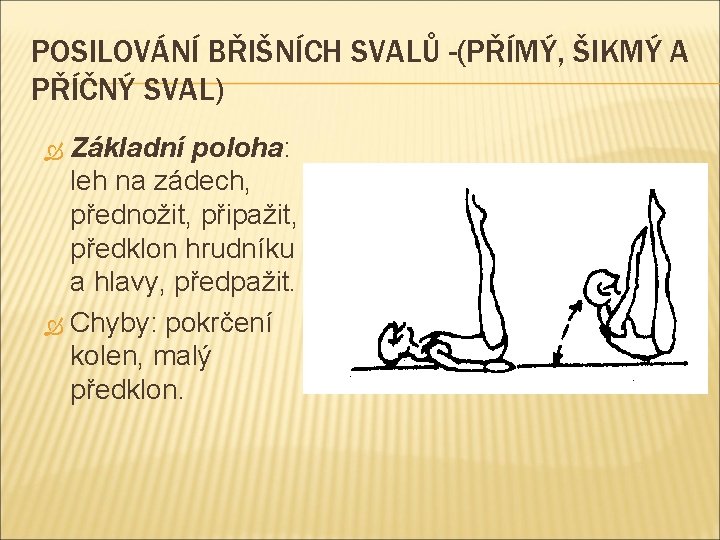 POSILOVÁNÍ BŘIŠNÍCH SVALŮ -(PŘÍMÝ, ŠIKMÝ A PŘÍČNÝ SVAL) Základní poloha: leh na zádech, přednožit,