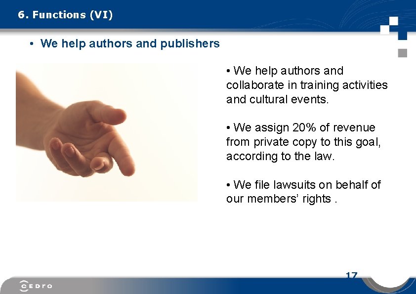 6. Functions (VI) • We help authors and publishers • We help authors and