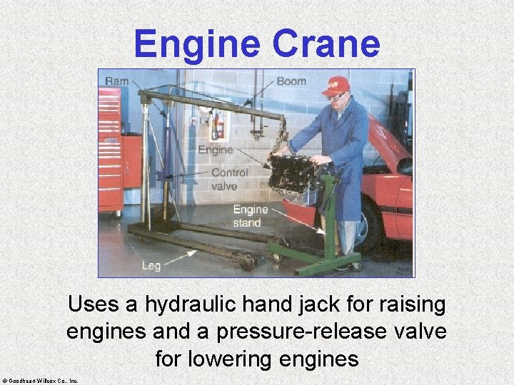 Engine Crane Uses a hydraulic hand jack for raising engines and a pressure-release valve