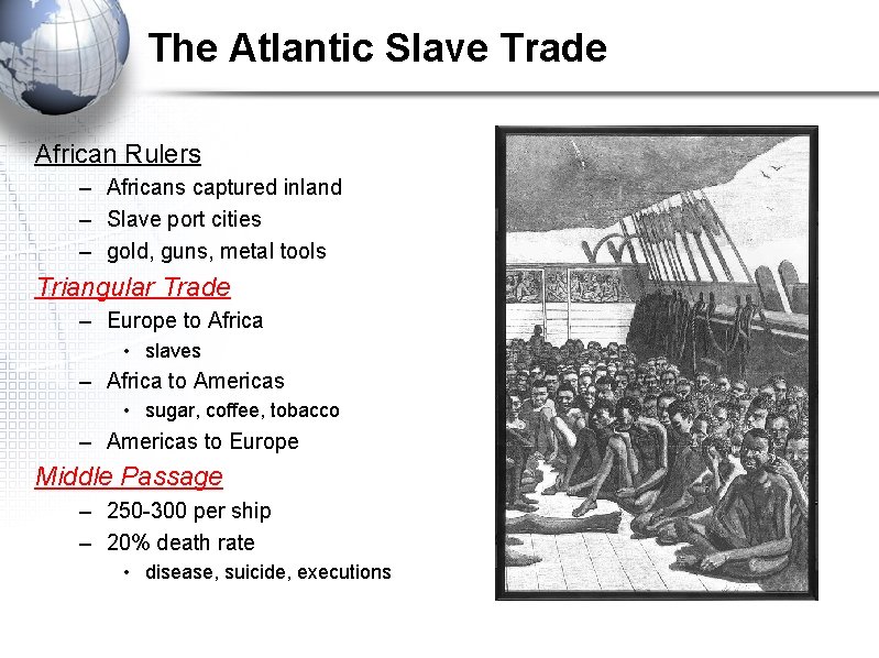 The Atlantic Slave Trade African Rulers – Africans captured inland – Slave port cities