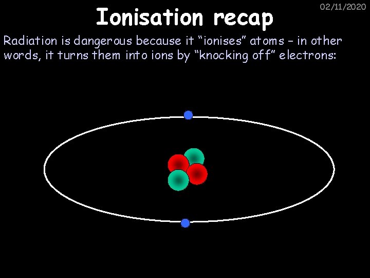 Ionisation recap 02/11/2020 Radiation is dangerous because it “ionises” atoms – in other words,
