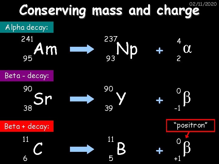 Conserving mass and charge 02/11/2020 Alpha decay: 241 Am 95 237 Np 93 +