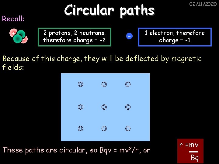 Recall: + + Circular paths 2 protons, 2 neutrons, therefore charge = +2 -