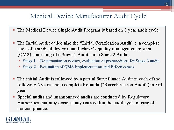 15 Medical Device Manufacturer Audit Cycle § The Medical Device Single Audit Program is
