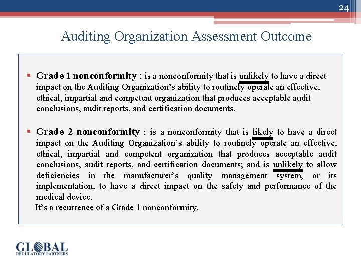 24 Auditing Organization Assessment Outcome § Grade 1 nonconformity : is a nonconformity that