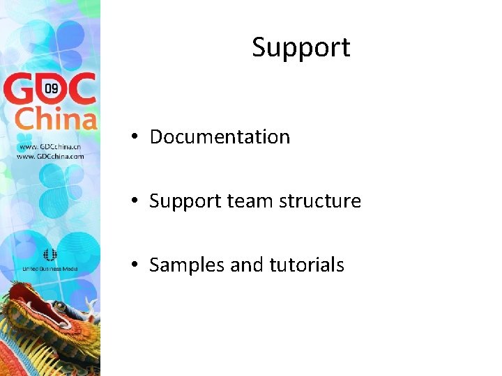 Support • Documentation • Support team structure • Samples and tutorials 