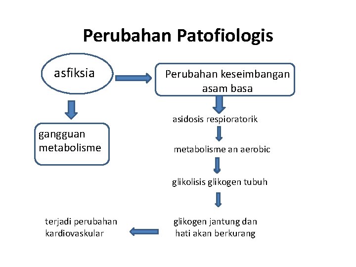 Perubahan Patofiologis asfiksia Perubahan keseimbangan asam basa asidosis respioratorik gangguan metabolisme an aerobic glikolisis